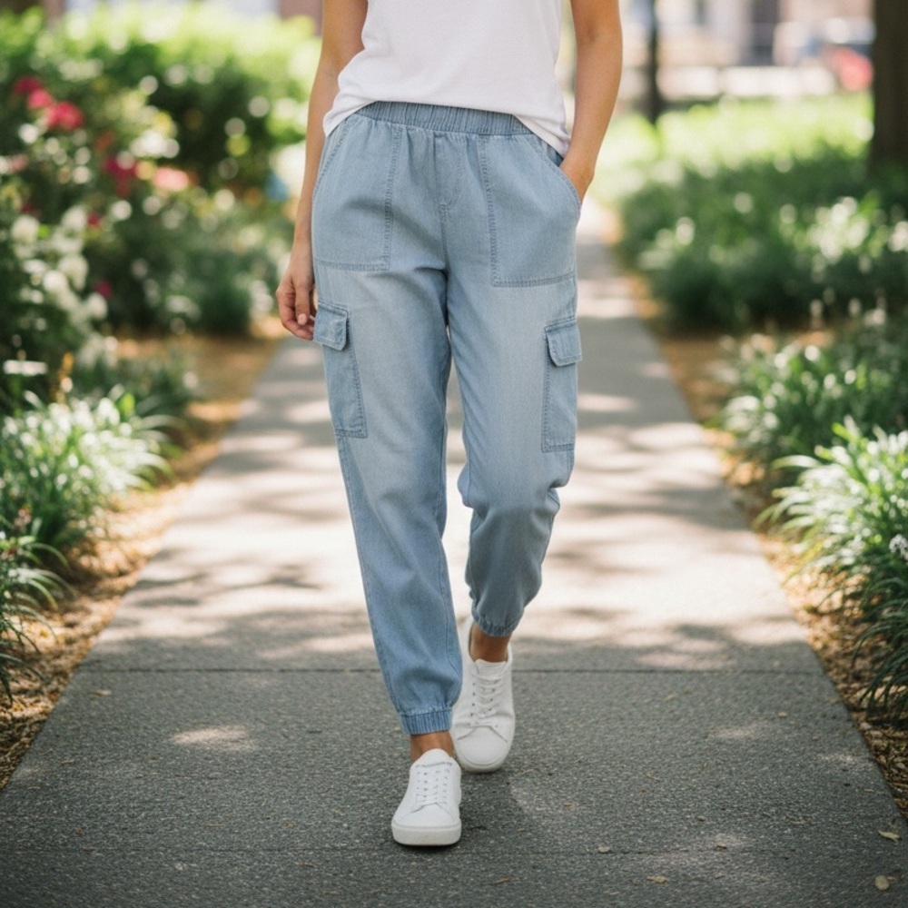 Happily Grey Light Wash Denim Cargo Joggers - Size S